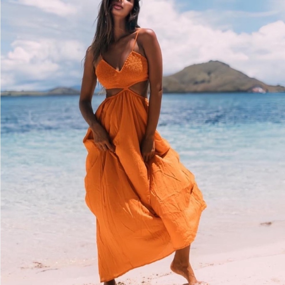 Indah Textured Orange Cut Out Dress